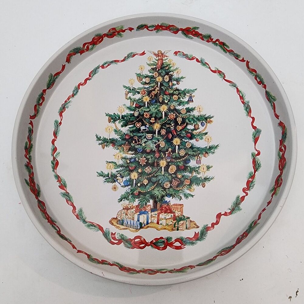 SCC Christmas Tree Tin Serving Tray Holiday Round Green White Multicolor Vtg
